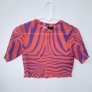 🍓 AFRM Sheer Purple Orange Striped Zebra Cropped Mesh Tee Small